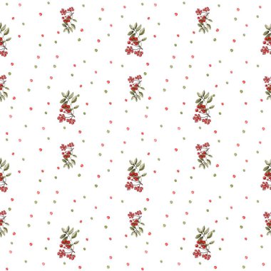 Sulu böğürtlen ve yaprakların kusursuz deseni, kırmızı ve yeşil arka planda rowan-klasik tasarım