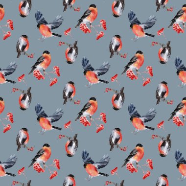 Kusursuz desenli suluboya kuşlar ispinoz yaprakları ve gri arka planda viburnum meyveleri.