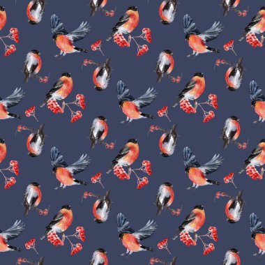 Kusursuz desenli suluboya kış kuşları koyu bir arka planda ispinoz yaprakları ve viburnum meyveleri.