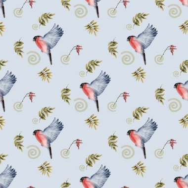 Suluboya rovan yaprakları ve ispinozların kusursuz deseni beyaz arka planda klasik tasarım