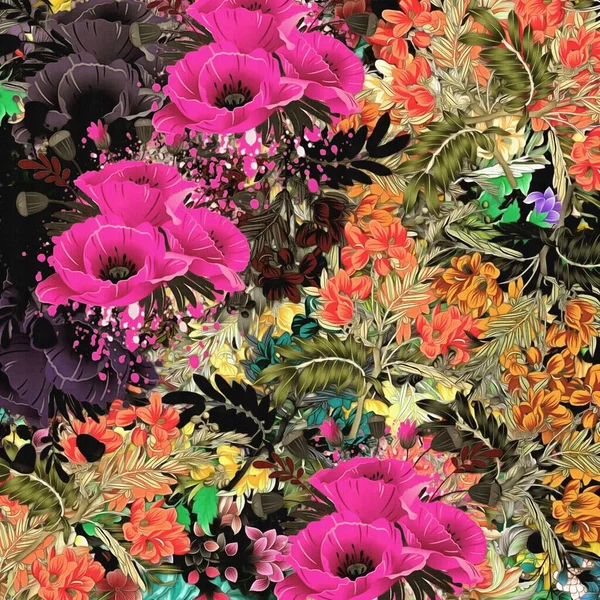 Komputerowa Grafika Abstrakcyjnej Kwiatowej Psychodelicznej Stylizacji Tła Kolorowych Chaotycznych Naklejek — Zdjęcie stockowe