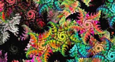 Stilize suluboya resimlerinin soyut psikedelik fraktal arka planı, kaotik olarak bulanık lekeler ve farklı boyut ve şekillerde boya darbeleri..