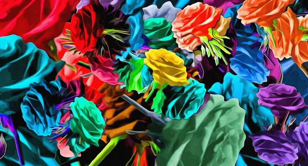 Renkli kaotik çıkartmaların yapraklar şeklinde soyut çiçekli psikedelik arkaplan stilistlerinin bilgisayar grafikleri.