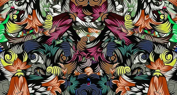 Computer graphics of abstract floral psychedelic background stylization of colored chaotic stickers in the form of leaves.