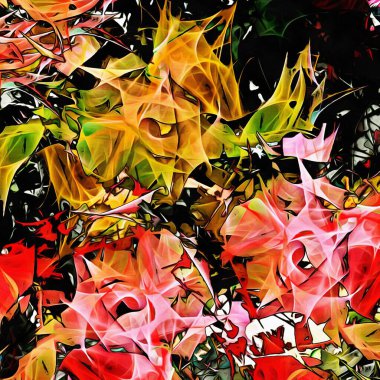 Stilize suluboya resimlerinin soyut psikedelik fraktal arka planı, kaotik olarak bulanık lekeler ve farklı boyut ve şekillerde boya darbeleri..