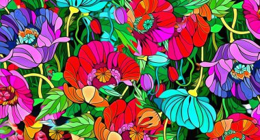 Renkli kaotik çıkartmaların yapraklar şeklinde soyut çiçekli psikedelik arkaplan stilistlerinin bilgisayar grafikleri.