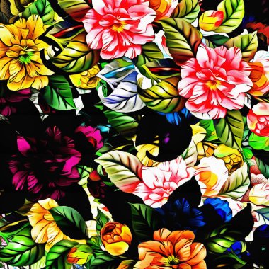 Renkli kaotik çıkartmaların yapraklar şeklinde soyut çiçekli psikedelik arkaplan stilistlerinin bilgisayar grafikleri.