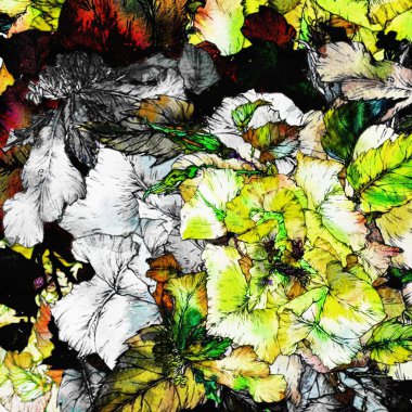 Renkli kaotik çıkartmaların yapraklar şeklinde soyut çiçekli psikedelik arkaplan stilistlerinin bilgisayar grafikleri.