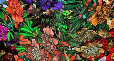 Stilize suluboya resimlerinin soyut psikedelik fraktal arka planı, kaotik olarak bulanık lekeler ve farklı boyut ve şekillerde boya darbeleri..