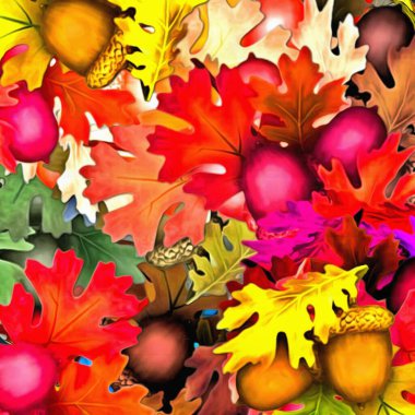 Computer graphics of abstract fruit of berry psychedelic stylization of color chaotic stickers in the form of fruits and leaves.