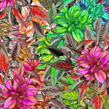 Renkli kaotik çıkartmaların yapraklar şeklinde soyut çiçekli psikedelik arkaplan stilistlerinin bilgisayar grafikleri.