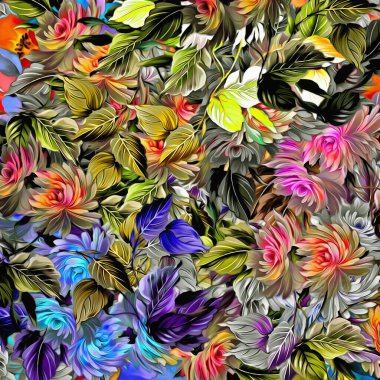 abstract floral psychedelic background stylization of colored chaotic stickers in the form of leaves..