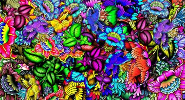abstract floral psychedelic background stylization of colored chaotic stickers in the form of leaves..