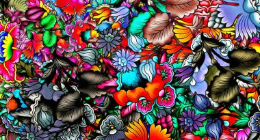 abstract floral psychedelic background stylization of colored chaotic stickers in the form of leaves..