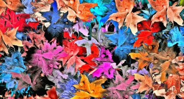 abstract floral psychedelic background stylization of colored chaotic stickers in the form of leaves..