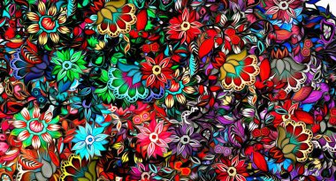 abstract floral psychedelic background stylization of colored chaotic stickers in the form of leaves..