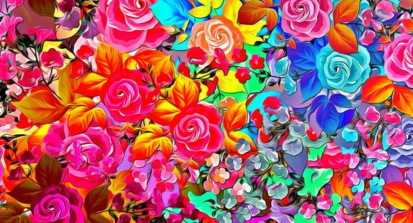 Abstract Floral Psychedelic Background Stylization Colored Chaotic Stickers Form Leaves — Foto Stock