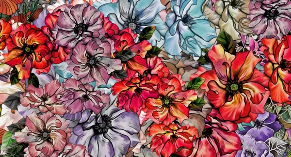 Abstrakcyjna Kwiatowa Psychodeliczna Stylizacja Tła Kolorowych Chaotycznych Naklejek Postaci Liści — Zdjęcie stockowe