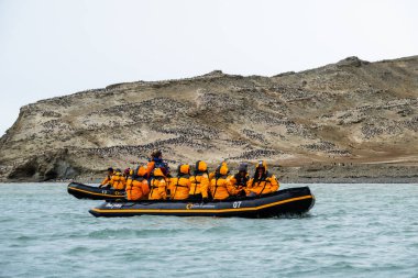 Seymour Adası, Antarktika - 11 Aralık 2023 - Quark Expeditions şişirilebilir botlarda oturan turist grubu Penguen Noktası, Seymour Adası, James Ross Adası grubu, Antarktika Yarımadası, Antarktika