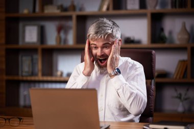 Mutlu iş adamı iyi habere ve ofiste dizüstü bilgisayara bakarken evet jestine şaşırdı. Ticaretçi başarının tadını çıkarıyor, zaferi kutluyor, iyi bir anlaşma yapıyor, kar elde ediyor.