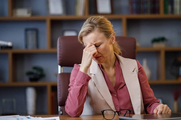 Tired Businesswoman Exhausting Paperwork Taking Eyeglasses Feeling Nack Pain Head — 图库照片