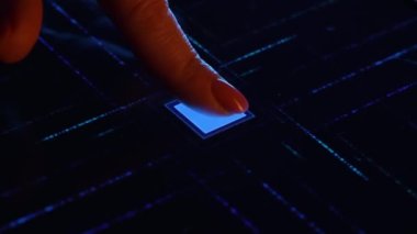 Piece intelligence digitalization. Big date.Fingerprint turns on touch screen button activates the futuristic artificial intelligence.Machine learning, and computer technology with humanity. AI.