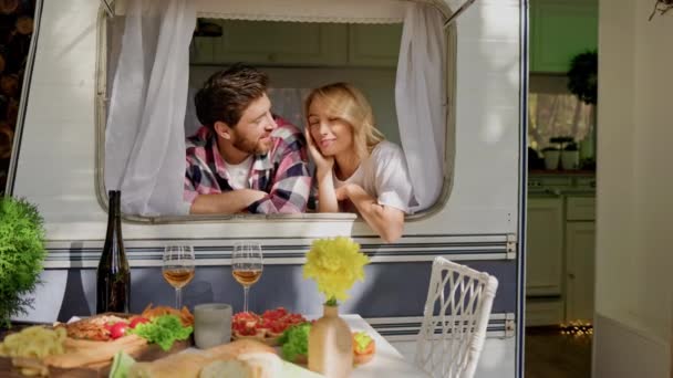 Romantic Young Couple Window Tourist Trailer Nature Drink Wine Communicate — Stock Video
