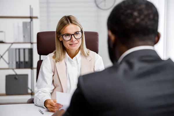 Hiring Interview Middle Aged Blond Business Woman Conducting Interview Bright — Foto de Stock