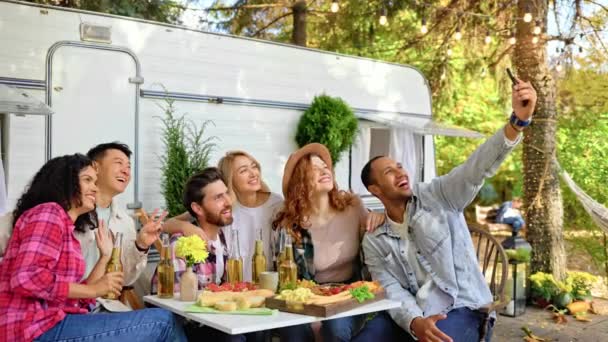Mixed Race Friends Taking Selfie Mobile Phone Outdoor Party Travel — Stock Video