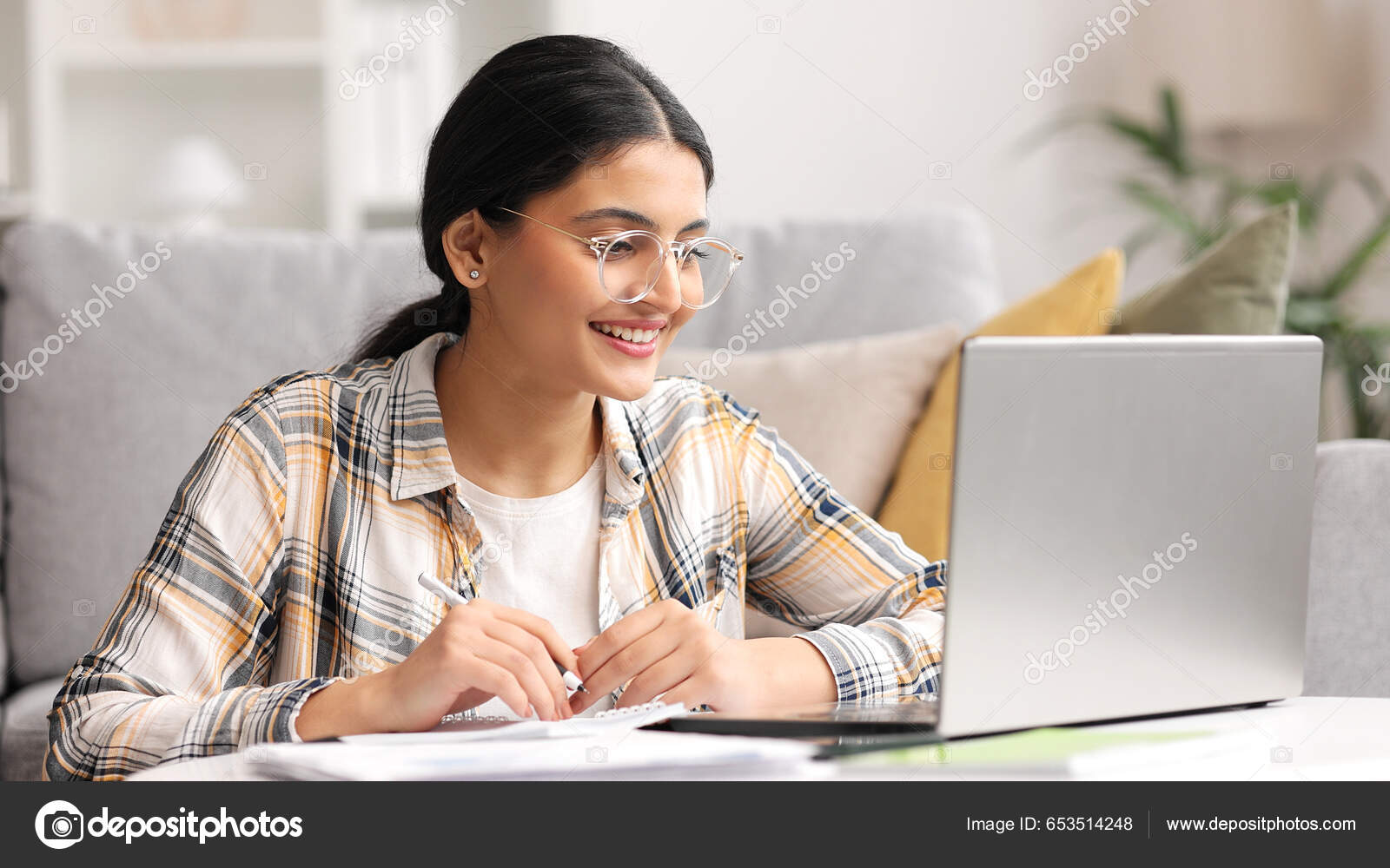 Young Indian Girl Works Laptop Looks Monitor Beautiful Woman