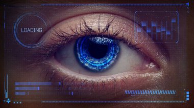 Yapay zeka bilgiyi tarar. Gelecekteki yüksek teknolojiler. Dijital görüş teknolojilerinin, güvenliğin ve biyometriğin geleceği. İnsan gözüne yerleştirilmiş. Yüksek teknoloji kavramı.