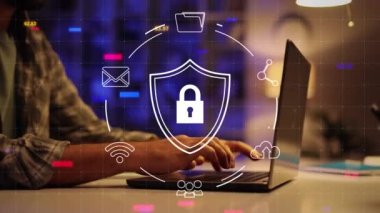 Yapay zeka üzerinde çalışıyorum. Bilgisayar VPN, sanal ağ, internet, siber güvenlik, siber suç koruması olan neon ışıklı bir laptop. Güvenli online ödemeler, dijital cüzdan, mobil cüzdan güvenliği.