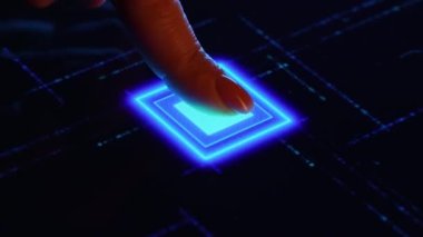 Piece intelligence digitalization. Big date.Fingerprint turns on touch screen button activates the futuristic artificial intelligence.Machine learning, and computer technology with humanity. AI.
