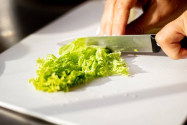 Biri beyaz arka planda yeşil lahana kesiyor.