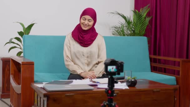 Youtuber Muslim Woman Hijab Scarf Sitting Couch — Stock Video