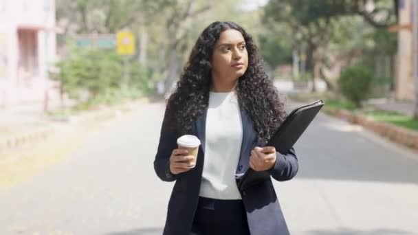 Vážné Kudrnaté Vlasy Indické Podnikatelek Chůze — Stock video