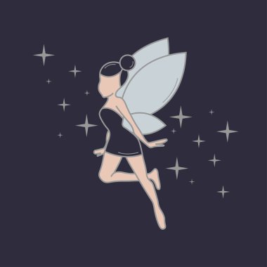 Göksel fantezi karakteri, Y2K karikatür tarzında çocuklar için parıldayan peri. Güzel bir uçan hayaletin silueti. Derin mavi gece perisi. Sihir, fantezi, elle çizilmiş, izole edilmiş