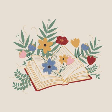 Elle çizilmiş, çiçekli bir kitap. Yazılı sayfalar, farklı renkte çiçekler, yapraklar, eğrelti otları. Kütüphane, okul, öğretmen, kitapçı, kart, sosyal medya paylaşımı için iyi. İzole edilmiş
