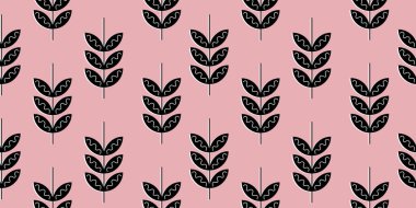 İskandinav eli yapraklar ve çiçeklerle kusursuz bir desen çizmiş. Asgari İskandinav tarzı. Vektör çizimi. Şirin botanik elementler. Tekstil, dekor ve basılı ürünler için harika..