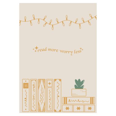 Şirin bitkisi olan güzel bir kitap yığını, rahat ip ışıkları ve okunan alıntılar. Büyülü klasik kitap ciltleri. Kitap aşığı için kitap gibi el çizimi vektör tasarımı. İzole sanat illüstrasyonu