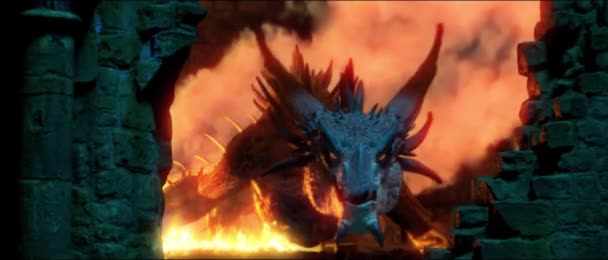 Fantasy Dragon Respira Fuego Hacia Cámara Una Mazmorra Piedra Llamas — Vídeo de stock