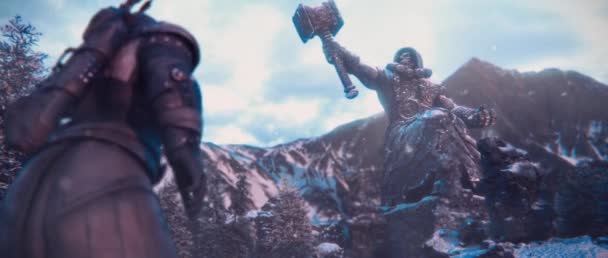 Animation Fantasme Aventurier Capuchon Éloignant Caméra Vers Une Grande Statue — Video