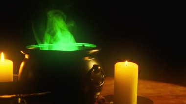 Cadılar Bayramı kazanı sahnesi Mumlarla parlayan yeşil buhar