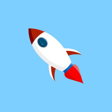 Açık mavi bir arkaplanda uzaya fırlatılan bir roketin çizimi
