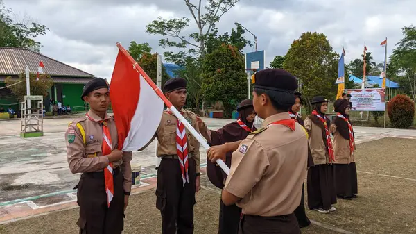 stock image Inauguration of Scout children in the school yard