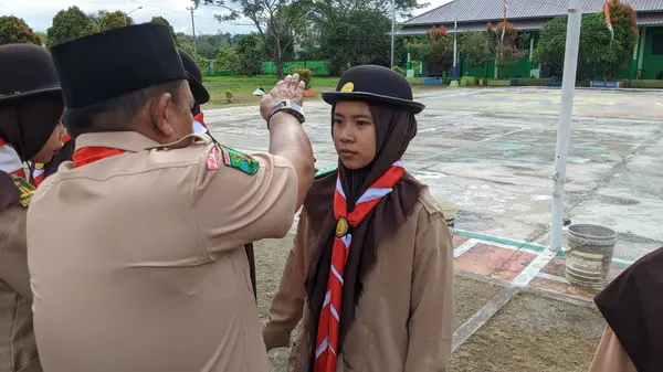 stock image Inauguration of Scout children in the school yard