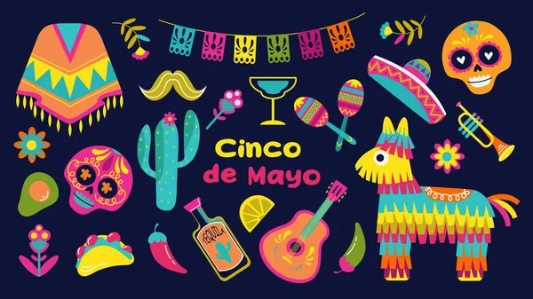 Cinco Mayo Aufkleberset Mai Bundesfeiertag Mexiko Legen Sie Isolierte Elemente — Stockvektor