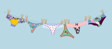 İpe asılı kadın donu. İç çamaşırı yıkandıktan sonra kurur. Külot için çeşitli seçenekler. Vektör düz çizim, tasarım için el çizimi.