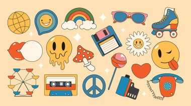 Moda set hippi 70 'ler. Karikatür çiçeği gökkuşağı barışı. Aşk kalbi papatya mantarı vesaire. Çıkartma paketi modaya uygun geçmişe dönük.