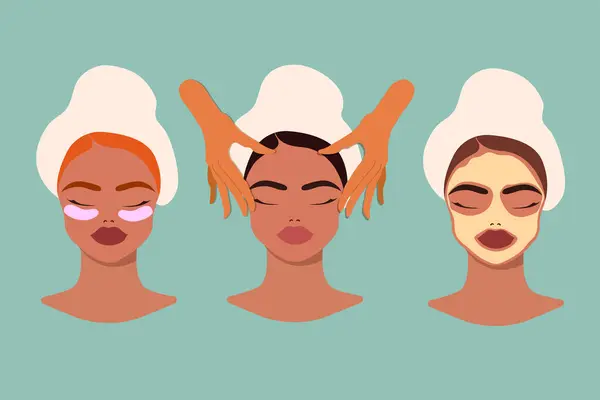 三个女人的脸在水疗程序 面部按摩 美容院 健康中心海报 手绘美的概念 矢量插图 — 图库矢量图片